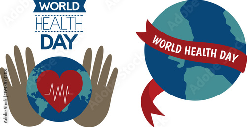 World Health Day icon set collection featuring heart, stethoscope, global health care symbols and medical awareness concepts.