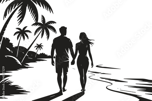 Black silhouette of a couple holding hands walking on a tropical beach with palm trees and ocean waves for summer,