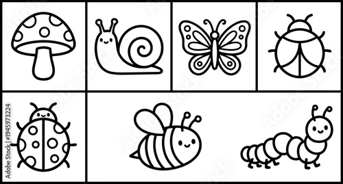 Cute black and white vector outline set of smiling mushroom snail butterfly ladybug bee and caterpillar icons in simple line art style