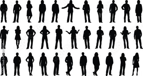 Human silhouettes, diverse poses, body language, standing figures, gesture variety, posture concept, clothing styles, group diversity, design element, illustration resource