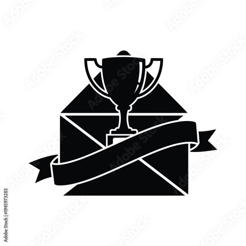Black trophy cup emerging from envelope with ribbon