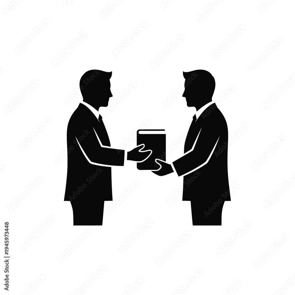 Fototapeta premium Two black silhouettes of men in business suits exchanging a tablet