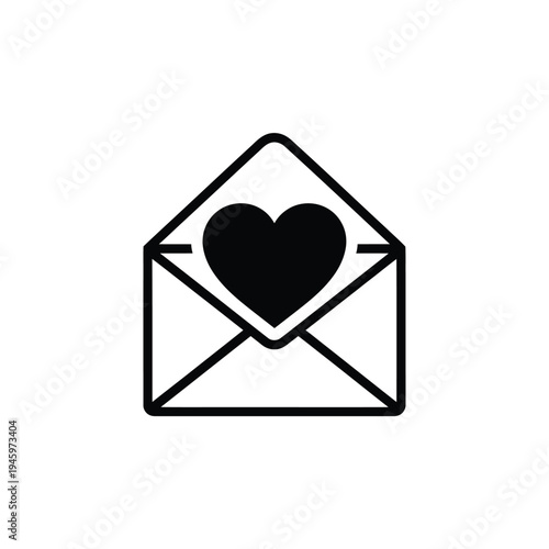 Black heart inside open white envelope love