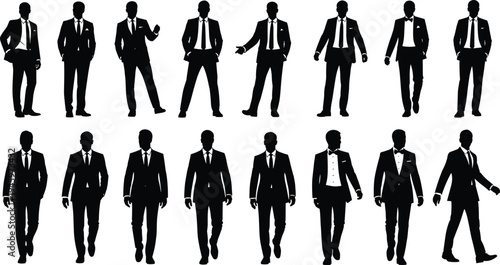 Men silhouettes, formal suits, tuxedo poses, business attire, bow tie graphics, pocket square style, fashion illustration, corporate clothing, elegant male figures