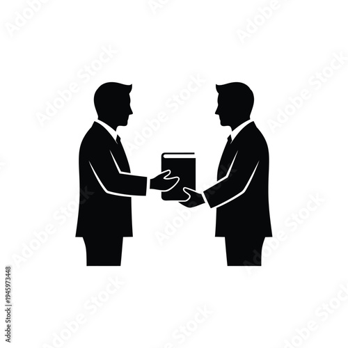 Two black silhouettes of men in business suits exchanging a tablet