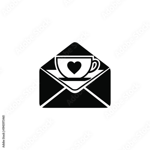 Black envelope with white coffee cup and heart symbol