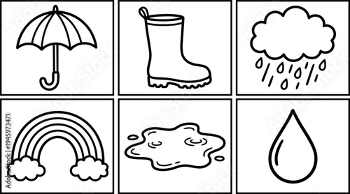 Minimalist black line art umbrella rain boot rain cloud rainbow puddle and water drop vector icons set
