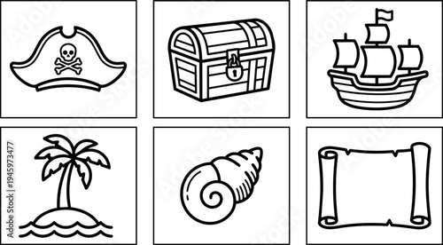 Minimalist black line art pirate hat treasure chest sailing ship tropical island seashell and old scroll icons set