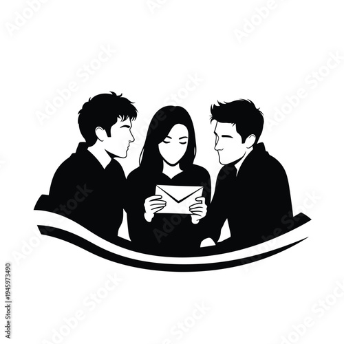 Black and white silhouette of three people reading a letter