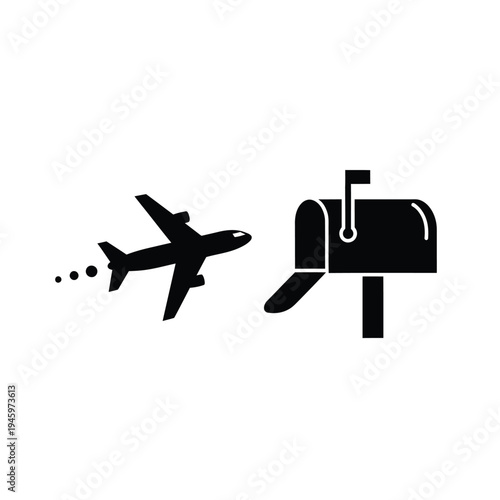 Black and white of airplane flying towards mailbox