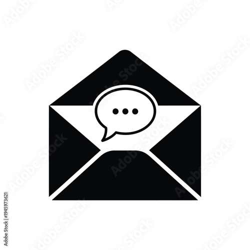 Black and white of an open envelope with speech bubble