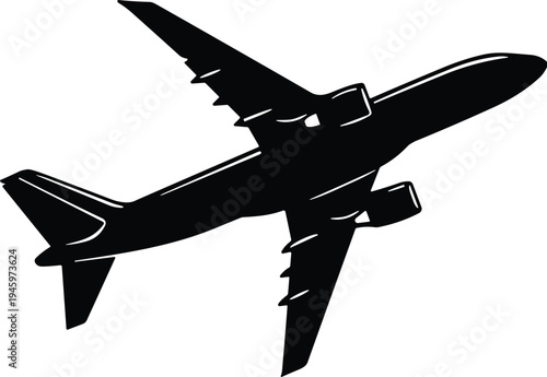 Black silhouette of a passenger commercial airplane flying in the sky isolated on white background for travel and aviation designs,