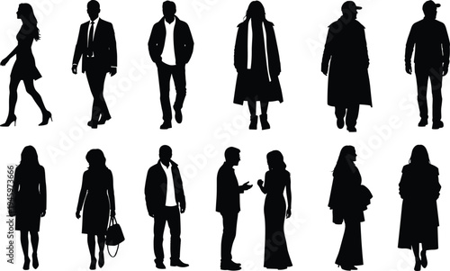 Human silhouettes, fashion poses, casual clothing, formal attire, walking figures, standing people, outerwear illustration, coat and scarf graphics, handbag accessories