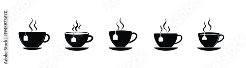 Tea cup and coffee mug silhouette icon set featuring tea bag and steam for breakfast beverage and more vector illustration or editable stroke