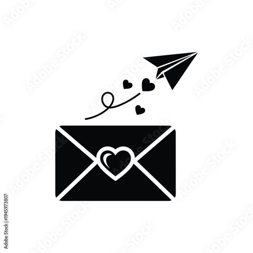 Black and white paper airplane flying above envelope with heart