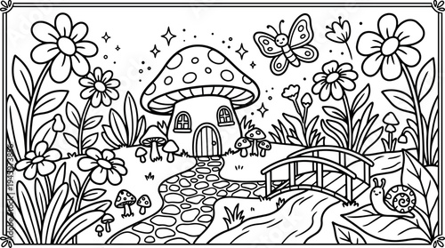 Whimsical line art mushroom house with stone path wooden bridge flowers and butterfly in garden scene vector black and white drawing