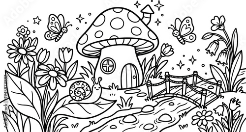 Black and white line art mushroom house with bridge butterflies flowers snail garden landscape fantasy illustration