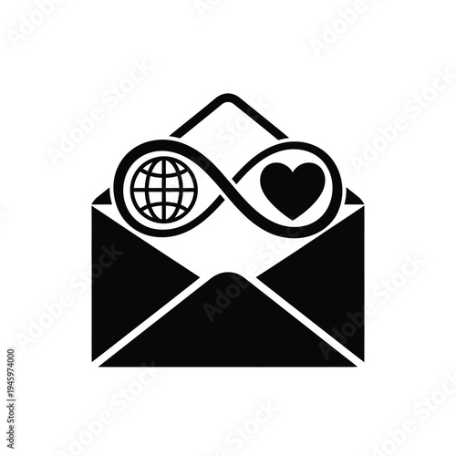 Black envelope with white infinity symbol and heart globe
