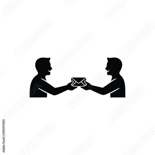 Two silhouetted men exchanging envelope between them