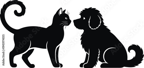 Black Silhouette of Cat and Dog Facing Each Other for Pet Care Veterinary Services Animal Friendship and Domestic Home Decor Design
