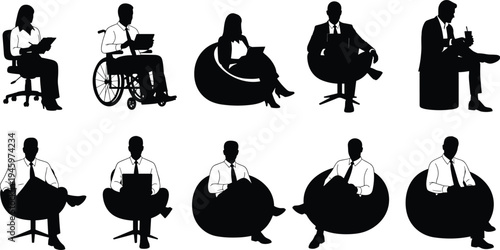 Seated people silhouettes, office chair vector, wheelchair user, bean bag illustration, laptop posture, workplace diversity, casual professional design art