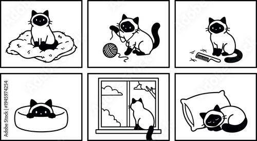Minimalist black and white vector art of siamese cat playing with yarn ball grooming with comb sitting on bed and looking outside window peaceful cute cat illustrations