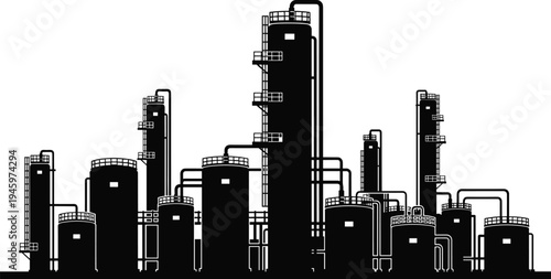 Black Silhouette of Industrial Oil Refinery Plant with Fuel Storage Tanks and Processing Towers for Energy Power and Chemical Industry