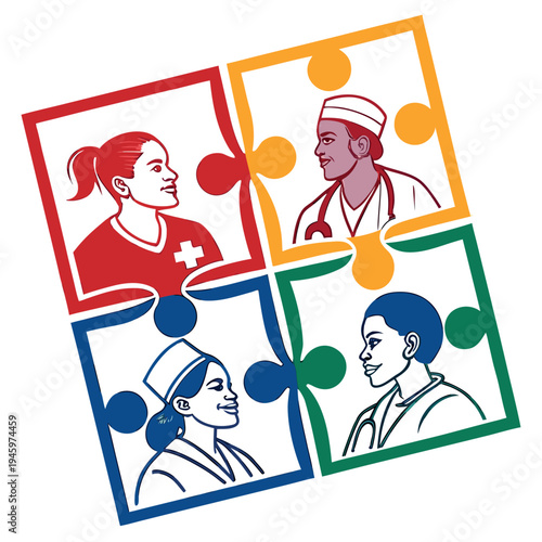 Four people in different professions as puzzle pieces