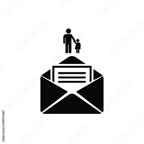 Black and white of envelope with parent and child figures