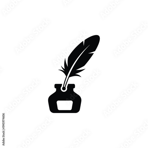 Black feather pen in an inkwell with a rectangular label