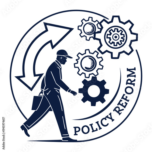 A man walking towards policy reform with gears