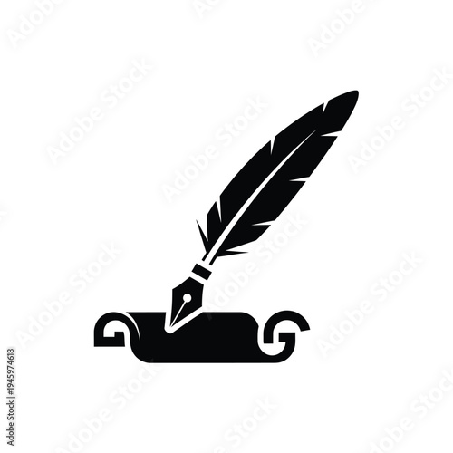 Black ink pen and feather quill on scroll paper