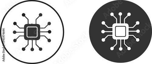 Set of CPU Chip Microprocessor Icons with Circuit Board Traces in Circular Black and White Frames for Technology and Artificial Intelligence (21 words)
