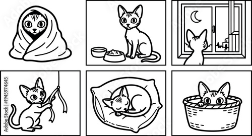 Black and white line art kittens playing sleeping eating looking out window and hiding in basket six cute cat vignettes