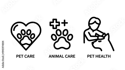 Pet care icons: love heart paw, animal health, and vet visit, white background