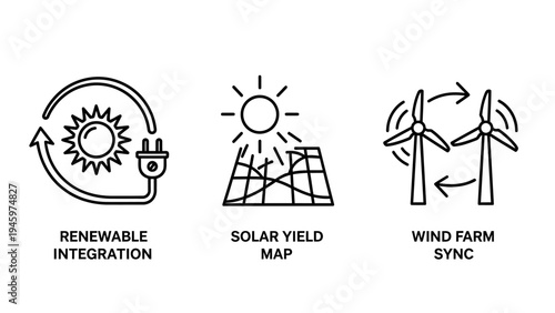 Renewable integration, solar farm, and wind turbine icons: clean energy and sustainability concepts