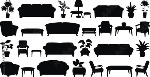 WebVector silhouette set of home furniture, sofas, armchairs, coffee tables, and indoor potted plants isolated on white background for interior design,