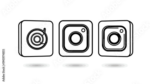 Set of camera icons, including a reel, a camera and a framed camera, symbolizing photography and social media