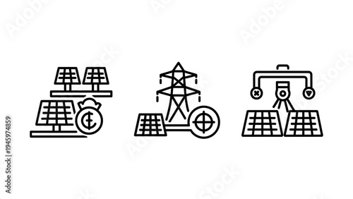 Icons of solar panels, power lines and grid representing renewable energy and electricity