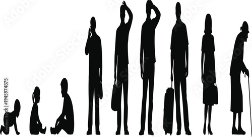 WebVector silhouette set of human life cycle, aging process from baby and child to adult and elderly isolated on white background,