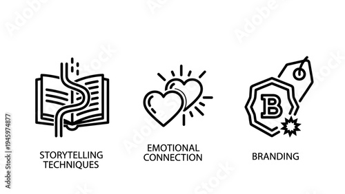 Icons for storytelling, emotional connection with hearts, and branding with a tag and shield
