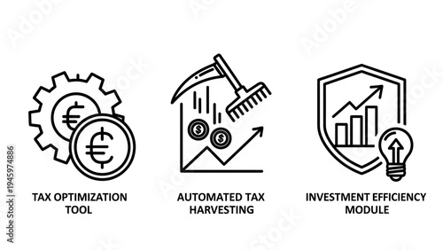Icons for tax optimization, automated tax harvesting, and investment efficiency: business finance line graphics
