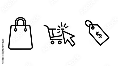 Shopping bag, cursor clicking cart and price tag icons representing e-commerce and online shopping