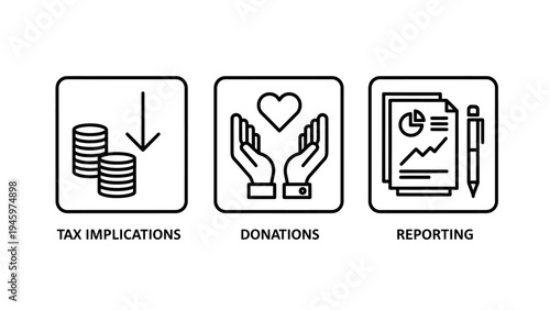 Icons for tax implications, donations, and reporting: simple line art for business and finance concepts