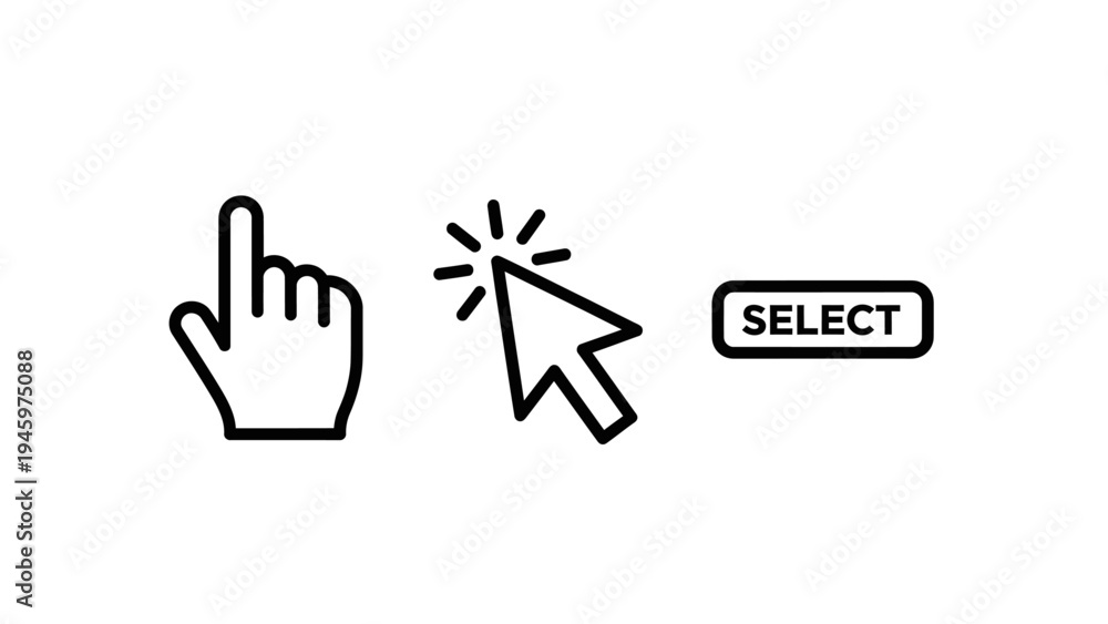 Fototapeta premium Outline icons for online interaction: a pointing finger, a cursor clicking a button, and a 'select' button on a white background