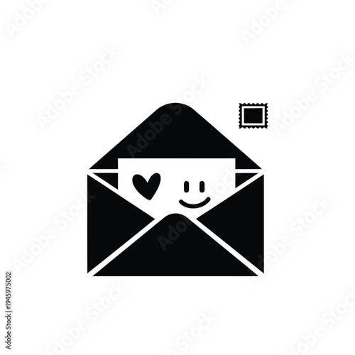 Black and white envelope with a smiling face and heart stamp