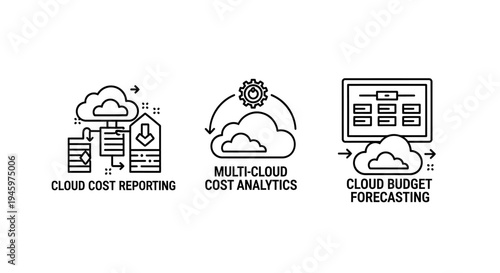 Cloud computing icons: cost reporting, analytics, and budget forecasting