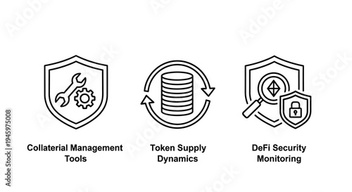 Defi icons: collateral management, token supply, and security monitoring, decentralized finance, smart contract