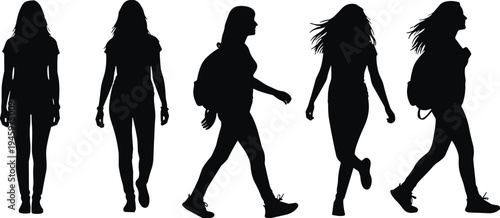 WebVector silhouette set of young women walking, standing, and carrying backpacks, active female figures isolated on white background for design,