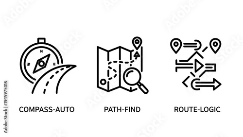Navigation icons: compass, map pathfinding, and route logic